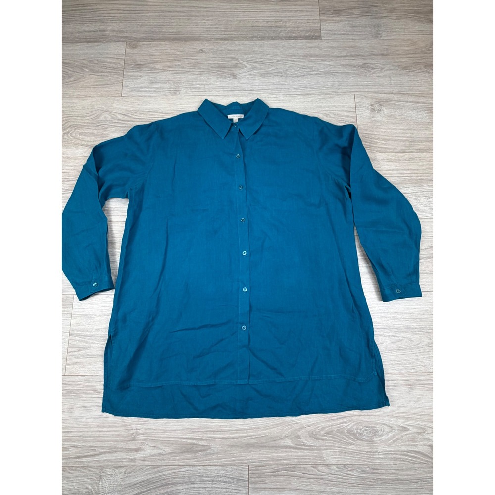 Eileen Fisher Organic Linen Button Down Tunic Top Teal Blue Large L/G Long Sleev
